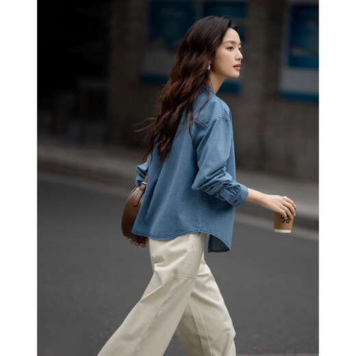 Demana Qinfu Cloud Feel Cotton Spring Simple Style Round Neck Shirt Comfortable to Hidden Meat and Matches Denim Shirt Women's Top