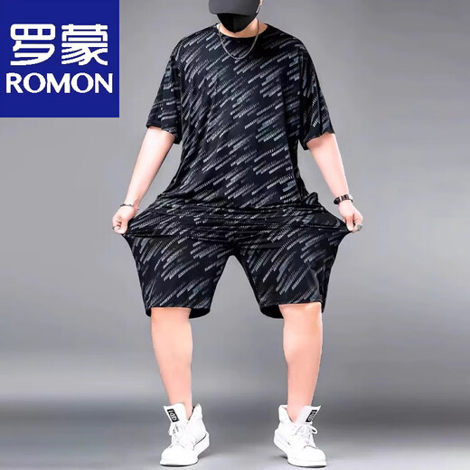 Luo Meng ins trendige Marke Kurzarm-T-Shirt Herren Sommeranzug dicker Mann plus fett vergrößerte dünne Freizeithose lose Sportbekleidung 829 schwarzer hochwertiger Eisseidenanzug XL empfohlen 130-140Jin Jin entspricht 0,5 kg