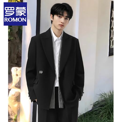 ROMON high-end new Chinese style Zhongshan suit for men, engagement, groom, wedding, national style metal lock suit jacket, black jacket + pants + stand collar white shirt XL