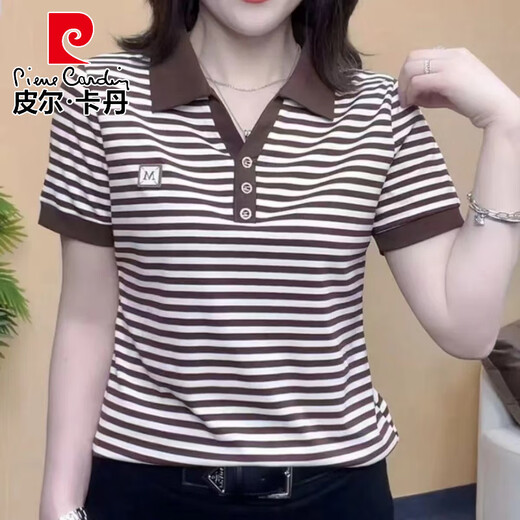 皮尔卡丹2025夏季新款时尚妈妈翻领条纹短袖T恤女polo衫休闲宽松百搭体恤 9928咖色 M 85-100斤