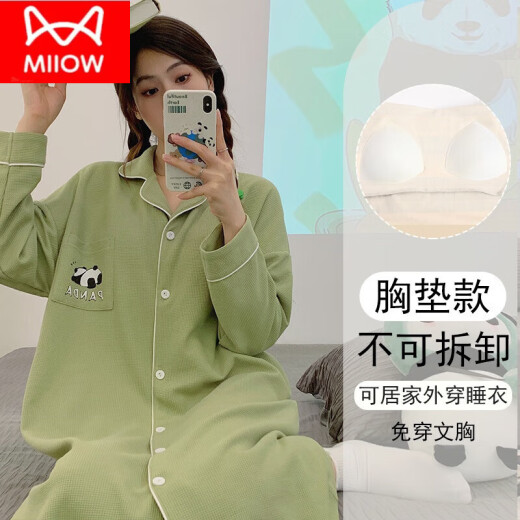 Catman (MiiOW) large size panda pajamas with chest pad anti-protrusion long-sleeved nightgown for women in spring and autumn new high-end home clothing 16856 without chest pad M