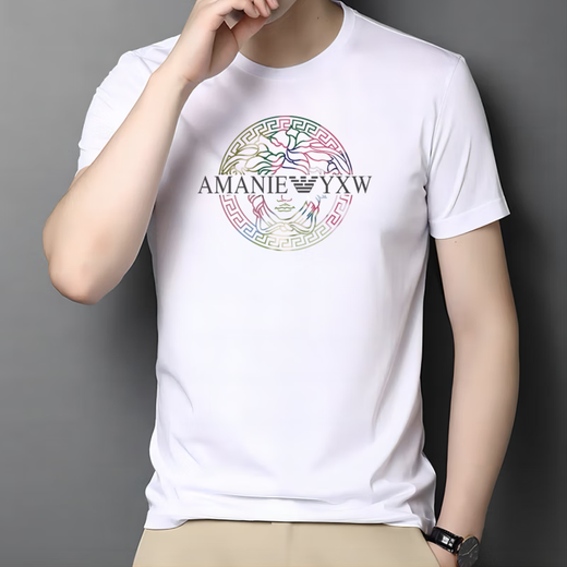 阿玛尼夏季男装莫代尔冰丝棉短袖T恤男士修身大码打底衫 AM719白色 M 90-120斤
