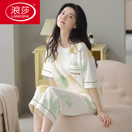 浪莎（LangSha）2025睡衣女士夏季纯棉短袖七分裤可外穿甜美休闲全棉家居服舒适时 607灰色条纹 黑白条纹9848 M 建议75-90斤穿