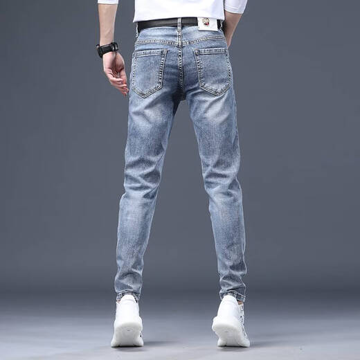 JEEP SPIRIT Jeep 2025 Summer New ripped Print Jeep Men's Slim Straight Small Foot Embroidery Versatile Elastic Sky Blue 6626 28 2.1 feet