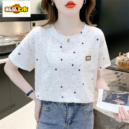 初径纯.棉印花t恤女短袖夏装2025年新款宽松印花设计感百搭体恤上衣潮 1396#白色 S 适合80-99斤