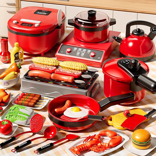 Kudixiang Kinderhaus Spielen Küchenspielzeug Full Set Little Girls, Jungen, simuliertes Koch- und Kochen-Mini-Küche 3-6 Jahre alt 6, Ladenbesitzer 54-teilige Smart Induction Cooker + Ofen