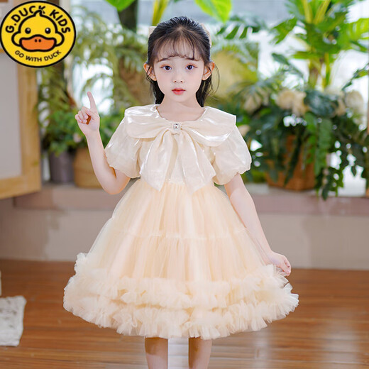 G.duck小黄鸭公主裙女童夏季2026新款儿童洋气礼服蓬蓬裙小女孩蝴蝶结裙 2601香槟色【送头饰】 120 cm