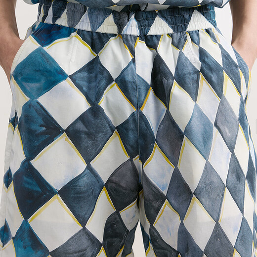 
Sketch men's clothing 2025 summer new product hand-painted diamond lattice pattern medium shorts loose straight pants fashionable 9P4E14110 482 blue and gray combination M