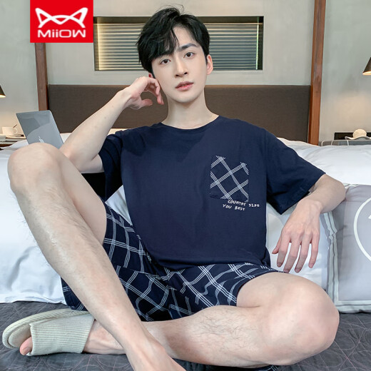 猫人 MIIOW睡衣男夏季纯棉薄款短袖短裤可外穿休闲男士加大码凉感家居服套装 9922# L 【建议100-120斤】