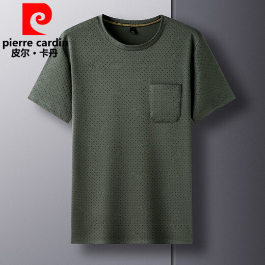 皮尔卡丹（pierre cardin）夏季爸爸短袖T恤男士冰丝圆领休闲口袋上衣中年透气宽松大码半袖 TC-短袖-687军绿 XL 175/135-155斤