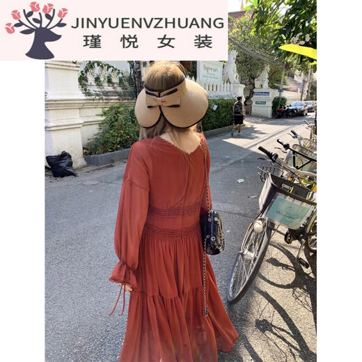 魁熙大码法式复古深V绑带连衣裙收腰蕾丝花边长裙长袖显瘦红色茶歇裙 3527楼兰女孩长裙 L 大