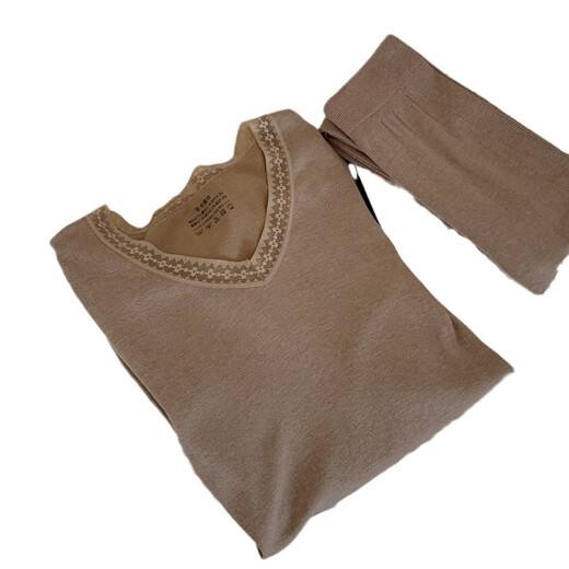 Dan Nanwei Korean Society 9889 Wool Silk Heating Suit V-neck Lace High Waist Hip Slim Autumn and Winter Bottoming Thermal Underwear Brown Color 80-140Jin Jin equals 0.5kg One size fits all