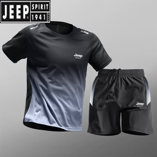 
JEEP SPIRIT Sports Ice Silk Set Men's 2025 Summer New Short Sleeve T-Shirt Running Fitness Basketball Quick Dry Sportswear Men 9901 Black and Red Set M