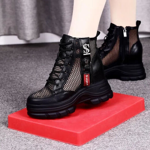 Huilijun large size women's shoes wide fat girl 3343 soft leather inner height enhancement mesh boots summer mesh sandal hollow Martin boots 42 black [inner height enhancement upgrade version] 34