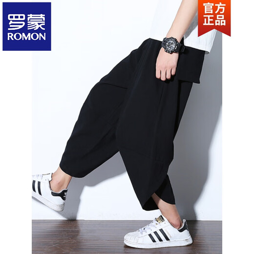 ROMON Summer Linen Cropped Pants Men's Trendy Large Size Bloomers Thai Wide-Legged Carrot Pants Loose Casual Harem Pants K602 Black M (90-120Jin[Jin equals 0.5 kg])