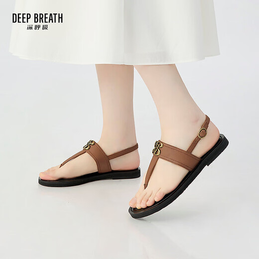 DEEP BREATH Deep Breath Women's Shoes Cowhide T-String Flat-Soled Vacation Style Fit Sandals Women's Shoes AX14117 Brown 37