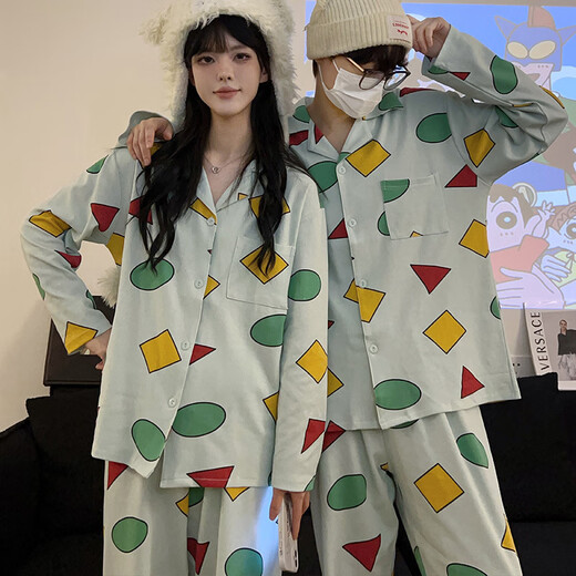 Colorful Gems Crayon Shin-Shin-Same Couple Pyjamas Pyjamas Spring et automne à manches longues mignonnes Cartoon Étudiant Door Home Vêtements Home 5155 # Couple Geometric Shin-Shin-Beige [Version] M Femmes [75-100jin [Jin est égal à 0,5 kg]]]