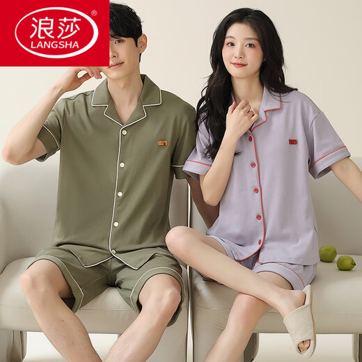 浪莎（LangSha）情侣睡衣夏季纯棉短袖短裤简约开衫可外穿男士女款全棉家居服夏天 X12707-12808# M 女款：