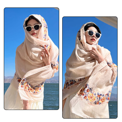
Sui Can scarf for women in summer desert travel sunscreen shawl ethnic style teaka salt lake scarf fashion cotton linen scarf headscarf embroidery [bemore] scarf 1 set