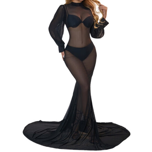 Ruishike European and American cross-border women's clothing spring new round neck long sleeve sexy mesh floor-length skirt evening dress black M