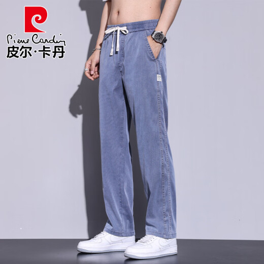 皮尔卡丹（pierre cardin）天丝男裤宽松直筒夏季轻薄新款2025冰丝运动松紧腰阔腿休闲裤子男 1048-浅蓝色 M (建议体重 90-115 斤)