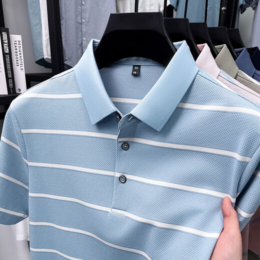 Kangaroo (DaiShu) short-sleeved T-shirt for men 2025 summer trendy striped lapel half-sleeved business casual loose large-size top middle-aged AN15100 light sky blue L