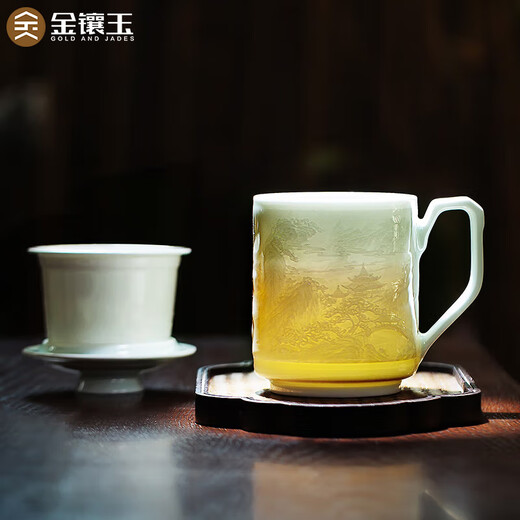 Gold inlaid jade teacher Huang Shouliang handmade Jingdezhen ceramic tea cup shadow green carved office tea cup Penglai Wonderland