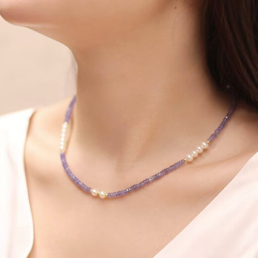 LZJV lavender color high quality tanzanite 5mm aurora round freshwater pearl necklace 18k gold 42cm