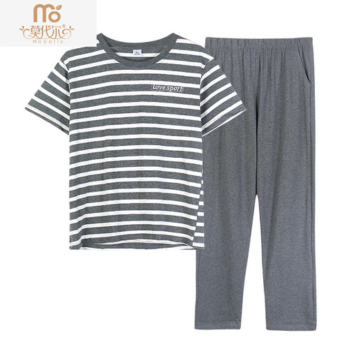 Pyjamas d'été modaux pour femmes rayures de coton pur pantalon à manches courtes minces d'été 2025 Nouveaux vêtements de coton pour l'usure en plein air poudre de pâte de haricots L [100120jin [Jin est égal à 0,5 kg]]]