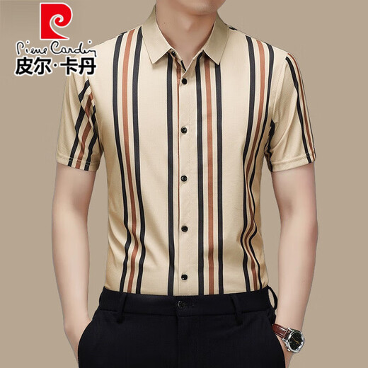 皮尔卡丹（pierre cardin）高档桑蚕丝短袖衬衫男士夏季新款潮流条纹弹力休闲商务免烫衬衣潮 白色 【高档短衣袖688】 L 170115-130斤