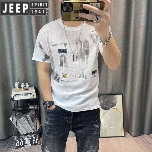 JEEP SPIRIT麻料棉t恤男2025新款印花短袖T恤棉麻衣服男士高端麻布半袖上衣 829灰色 L
