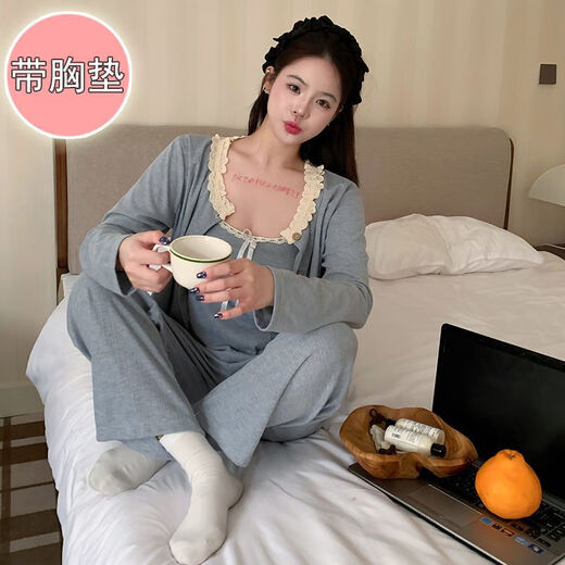 荣西图（RONGXITU）棉睡衣女带胸垫吊带三件套韩版甜美ins风家居服 S681#灰蓝 170 M