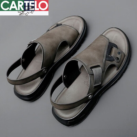Sandalias de cuero de cartelo Summer de verano NUEVA TOP CAPA COWA COOTOR CONDULTOR CONDUCTOR DE CONDUCCIÓN Men a prueba de olor zapatos de playa Gray 9923 38
