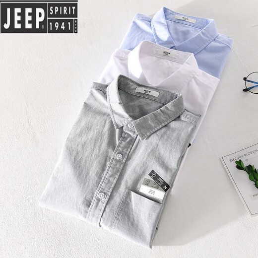 JEEP SPIRIT男士短袖衬衫日系休闲纯棉牛津纺衬衣夏季薄款潮流百搭半袖上衣服 9734白色 M 100斤左右