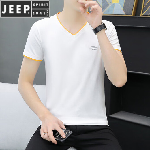 JEEP SPIRIT夏季新款男士短袖纯色修身鸡心领t恤棉质V领半袖凉感男生t恤潮牌 QY-691 V 领-白色 XL 120-135斤