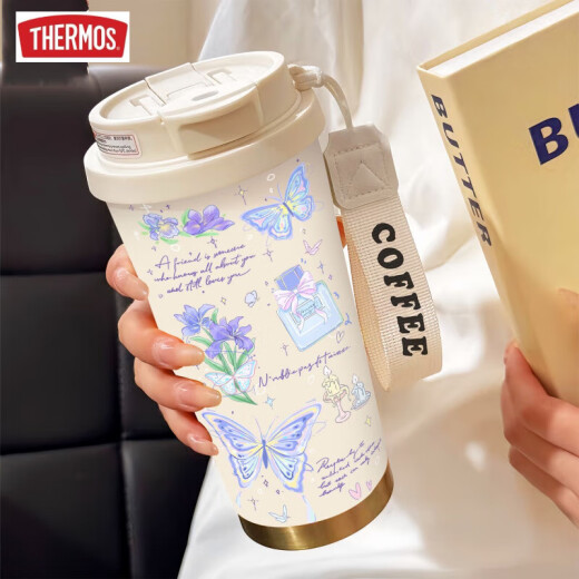 
THERMOS Simple Butterfly Thermos (THERMOS) Stainless Steel Portable Double Drinking Coffee Cup 2025 New Women's Straw Water Cup High-Precision BW1047 Silver Butterfly + Lanyard Ceramic Inner Bottom