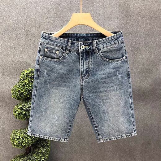 夏季薄款牛仔五分裤男士韩版潮流修身牛仔短裤夏天弹力男裤马裤5 蓝色-聚-K844 34 【腰围2尺7】