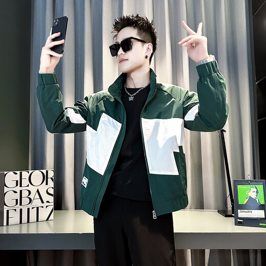 Jason's Jacket Men's Autumn and Winter Cotton Thickened 2025 New Trendy Versatile Tops Men's Color Blocked Autumn Clothes J209 Green (Regular Class) L (110-130Jin Jin equals 0.5 kg)