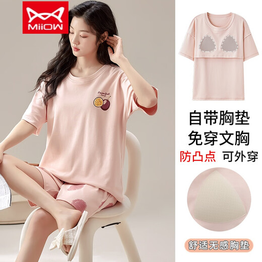 Catman (MiiOW) pajamas with chest pad for women in summer pure cotton short sleeve shorts in summer breast covering and anti-convex dots and no wear underwear home clothing set 1047 with chest pad M [Suggested 80-105Jin [Jin equals 0.5 kg]]