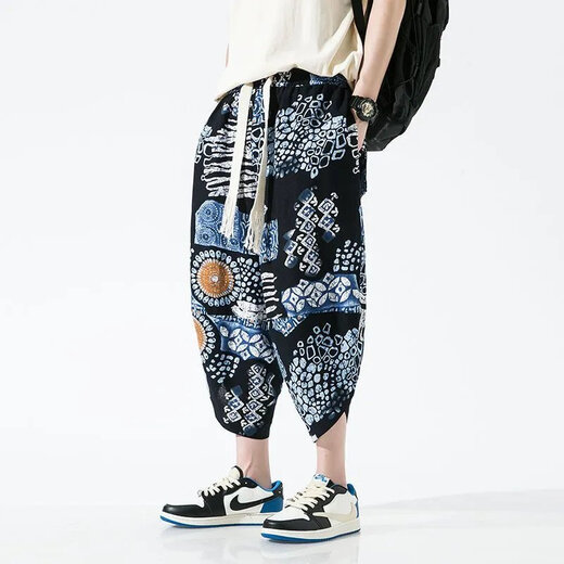 Wanjun Pantalon recadré pour hommes et ethnique chinois pantalons décontractés imprimés pantalons larges lâches