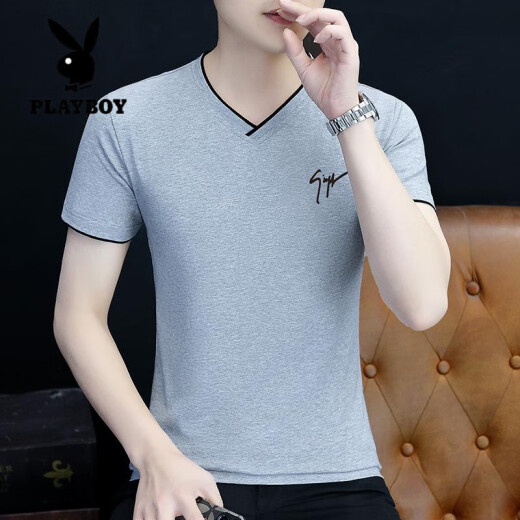 花花公子（PLAYBOY）纯棉短袖t恤男士2025年新款夏季修身V领男装体恤衣服薄款半袖潮流 白色 D7029 M