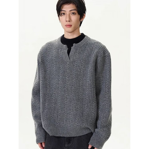 COLORFUL GEMS American retro twist sweater men's lazy Henry collar loose sweater gray L