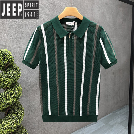 
JEEP SPIRIT sense half zipper lapel short-sleeved sweater for men stripes contrasting sweater versatile casual half-sleeved men's top white 3XL