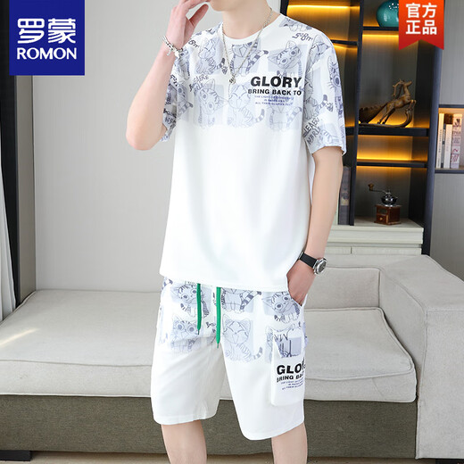 
ROMON 2025 summer new short-sleeved suit for men teenagers versatile shorts casual sports two-piece set gradient color men's clothing 6187 blue M