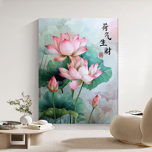 中国风高颜值荷花diy填充涂色手工绘丙烯荷气生财油彩画 hy14066 60*80cm加厚实木内框+装饰外框