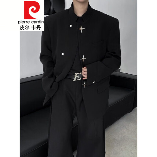 皮尔卡丹（pierre cardin）针织新中式男装黑色垫肩西装外套男痞帅国风中山装西服夹克 黑色 XL