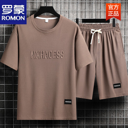 罗蒙（ROMON）男士夏季套装青少年短袖t恤薄款冰丝两件套休闲运动服五分短裤子 套装-TZ829军绿【上衣+裤子】 M 建议90-110斤