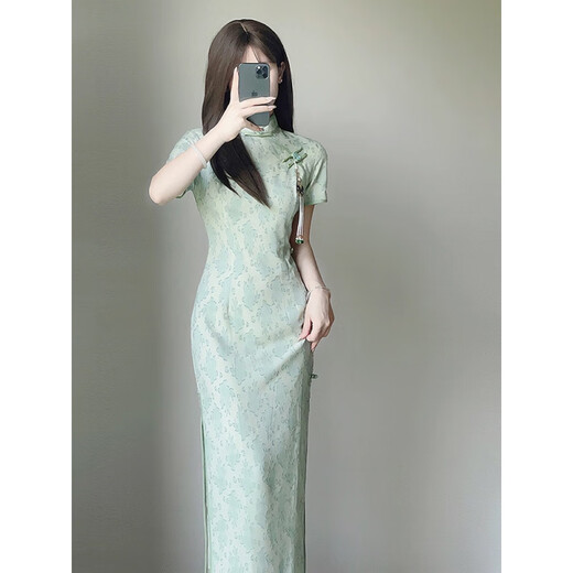 皮尔卡丹复古民国风旗袍改良连衣裙长款少女温婉优雅2025新款 829绿色 XL 【建议115-125斤】