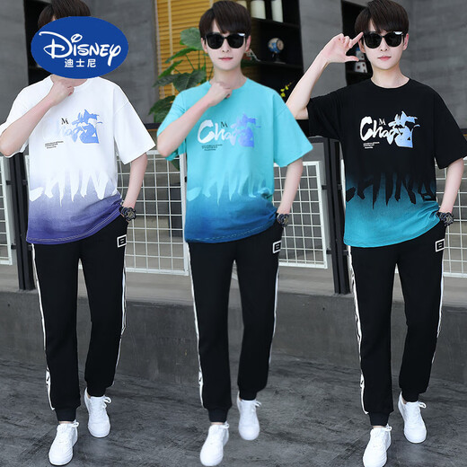 迪士尼（Disney）夏季青少年短袖t恤男孩衣服高中初中学生大童夏装帅气运动套装潮 白灰色 套装TZ9226款 180 XL【100-120斤】