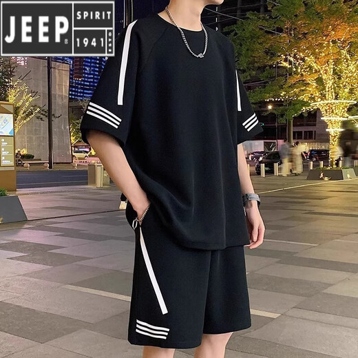 JEEP SPIRIT2025 new men's sports and casual suit men's summer thin loose ice silk short-sleeved T-shirt men's shorts paired with two FKS653 white suit L about 110-130Jin [Jin equals 0.5 kg] can be worn